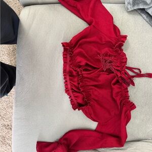 Women's Red Crop Top with Tie Front and Ruching